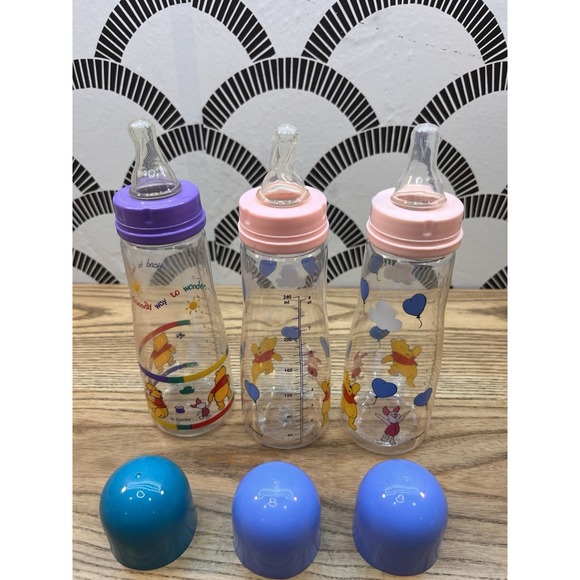 Set Of 3 The First Years Disney Winnie The Pooh Plastic Baby Bottle 8 Oz Vintage - Picture 2 of 2
